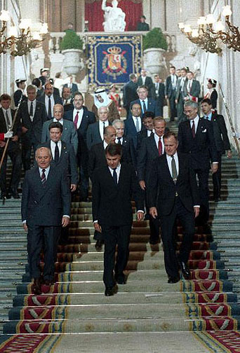 Group of world leaders walking down steps